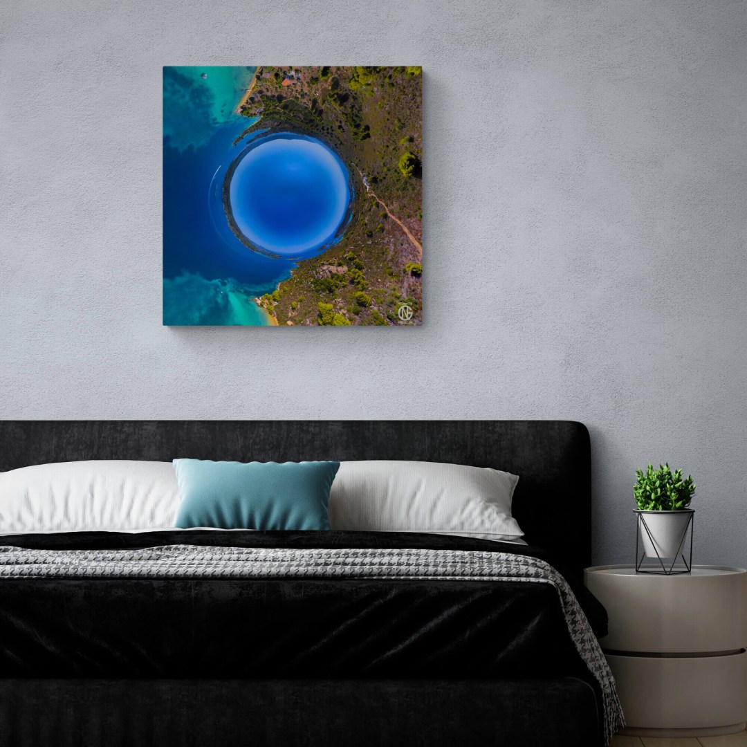 Minimal bedroom with Aegean tiny-planet 360° canvas — private beach, Diaporos