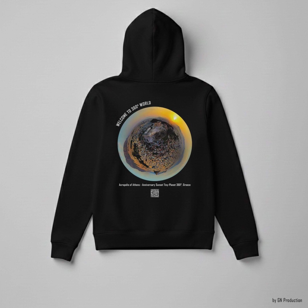 Black 360° Art Hoodie with Acropolis of Athens Anniversary Tiny-Planet 360° sunset design, Greek landmark drone photography.