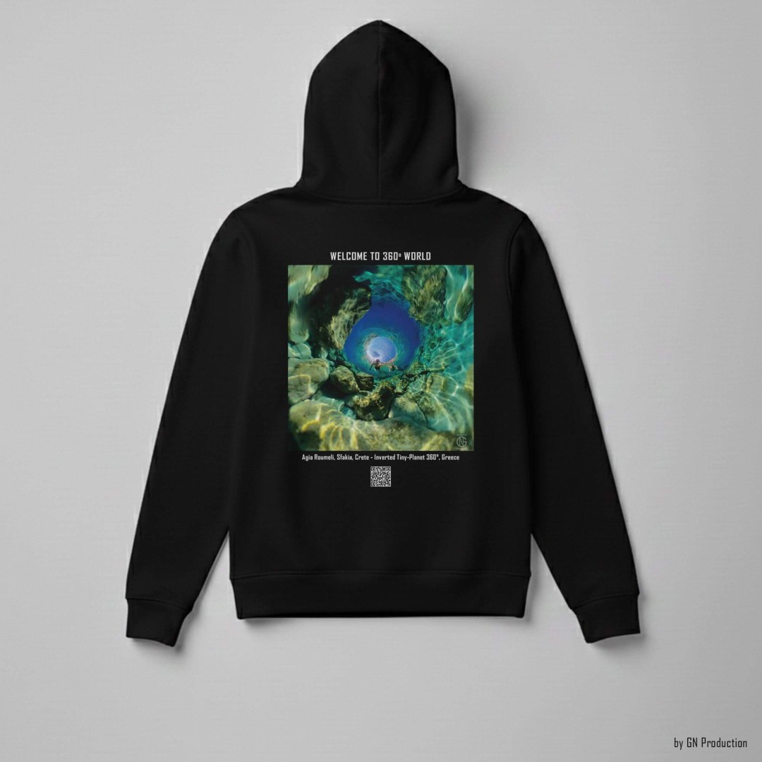 Black 360° Art Hoodie with Agia Roumeli, Sfakia Crete inverted tiny-planet 360° coastal artwork printed on back.