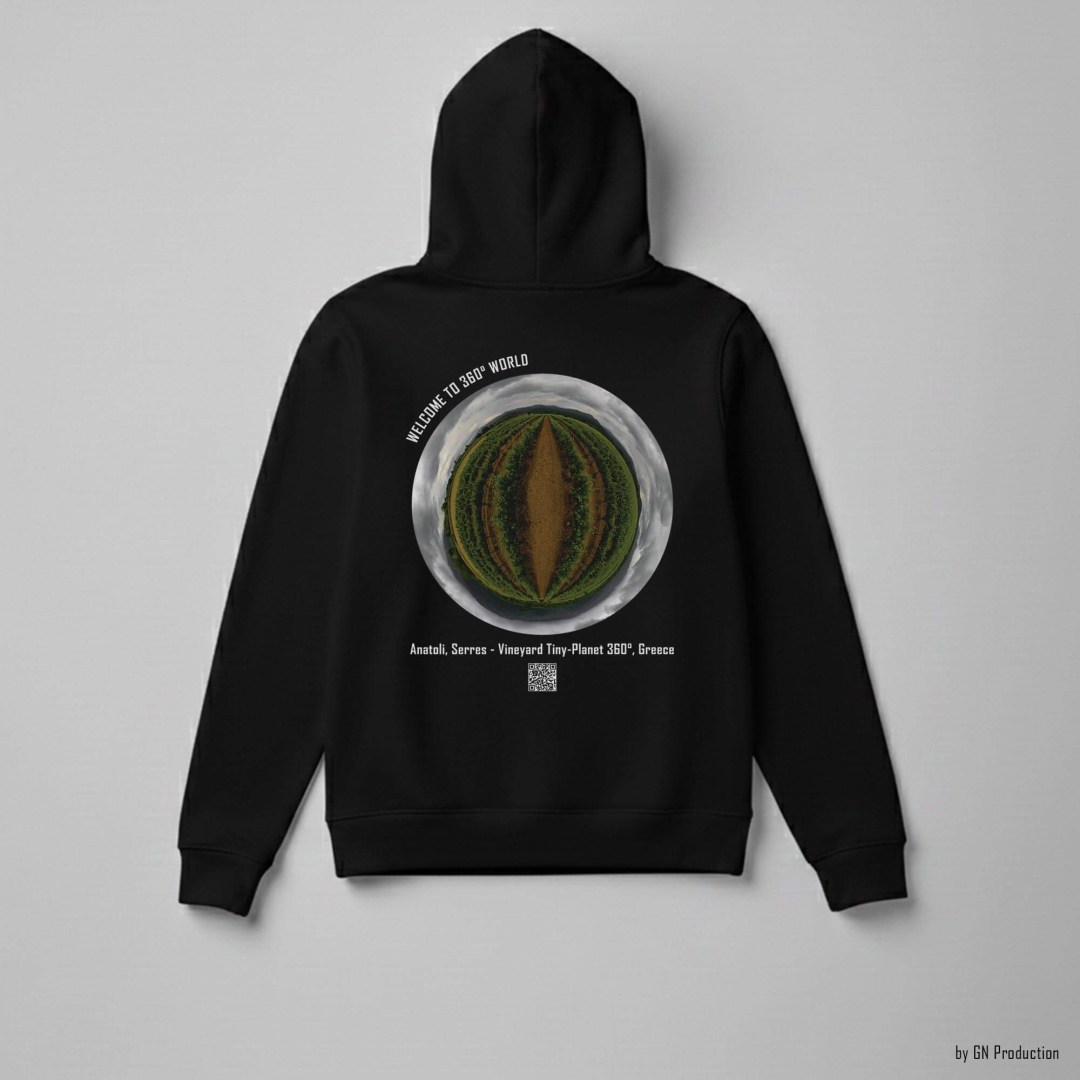 Black 360° Art Hoodie with Anatoli, Serres vineyard tiny-planet 360° design printed on the back, showcasing circular vineyard geometry.