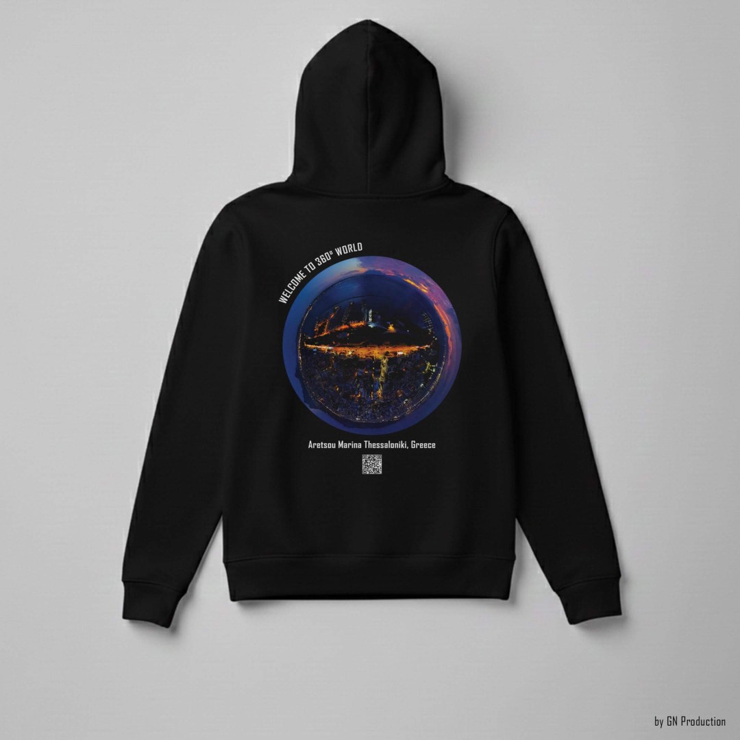 Black 360° Art Hoodie with Aretsou Marina Thessaloniki night drone tiny-planet 360° print, illuminated coastal sphere in deep navy and amber tones.