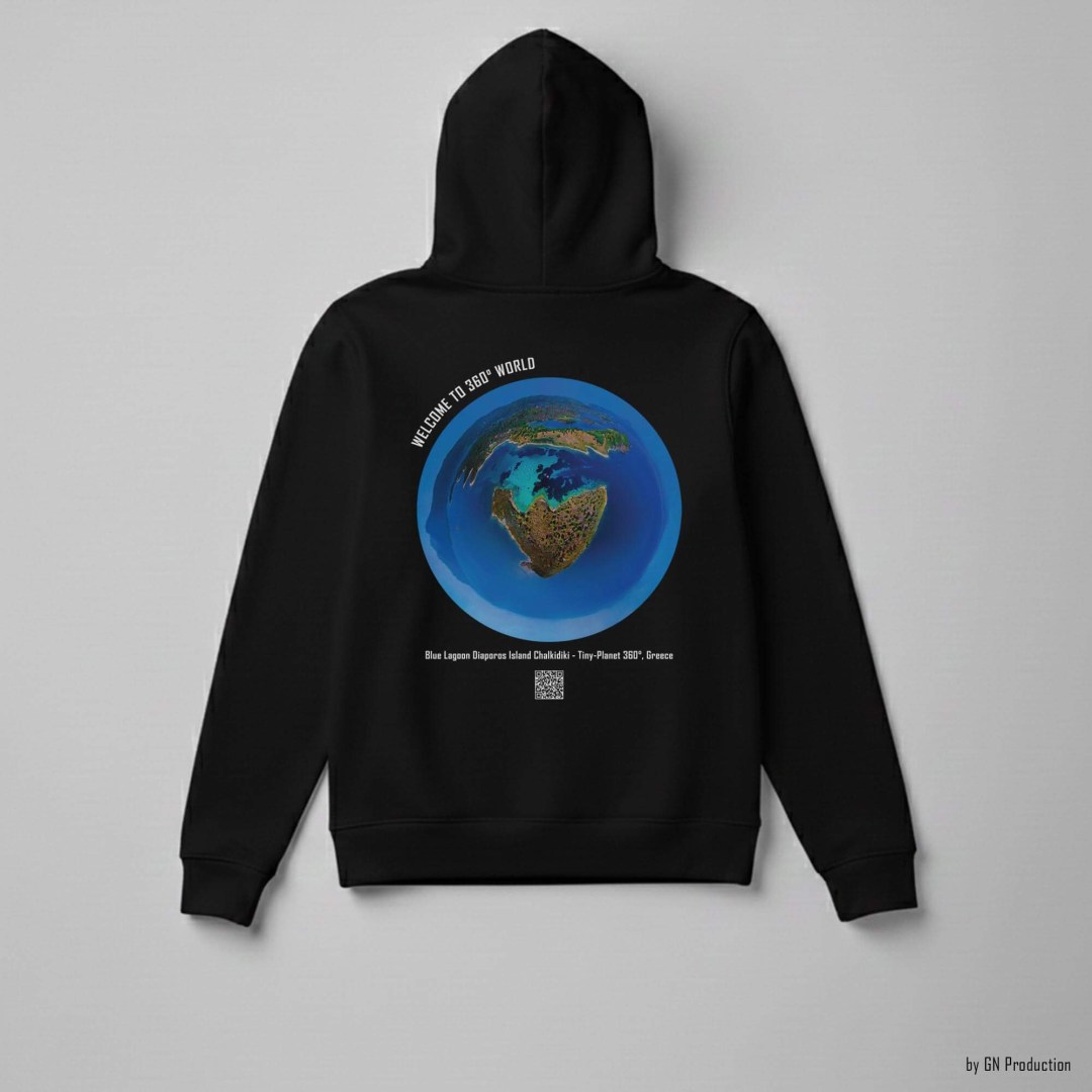 Black 360° art hoodie featuring Blue Lagoon Diaporos Island tiny-planet 360° drone artwork, Greece.