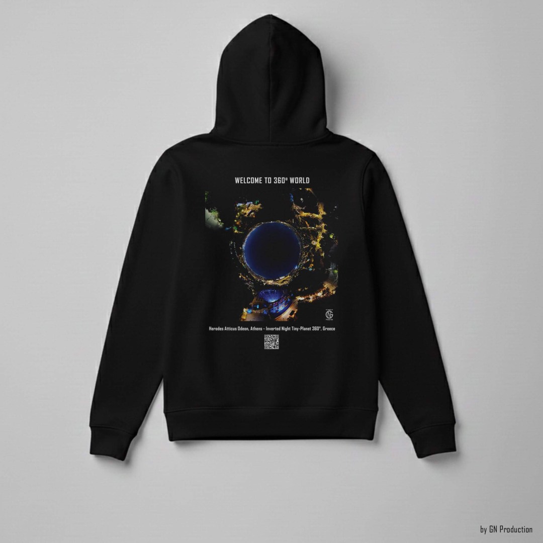 Black 360° art hoodie featuring Herodes Atticus Odeon (Herodion) in Athens, inverted night tiny-planet 360° drone artwork. Handmade in Greece.