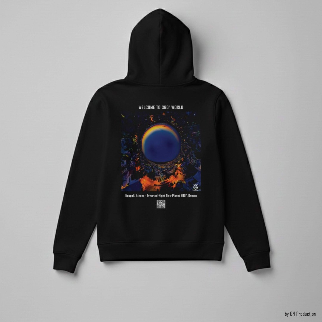 Black hoodie laid flat showcasing the Ilioupoli, Athens inverted-night tiny-planet 360° design, glowing amber streetlights around a dark blue urban sphere with printed location text and QR code.