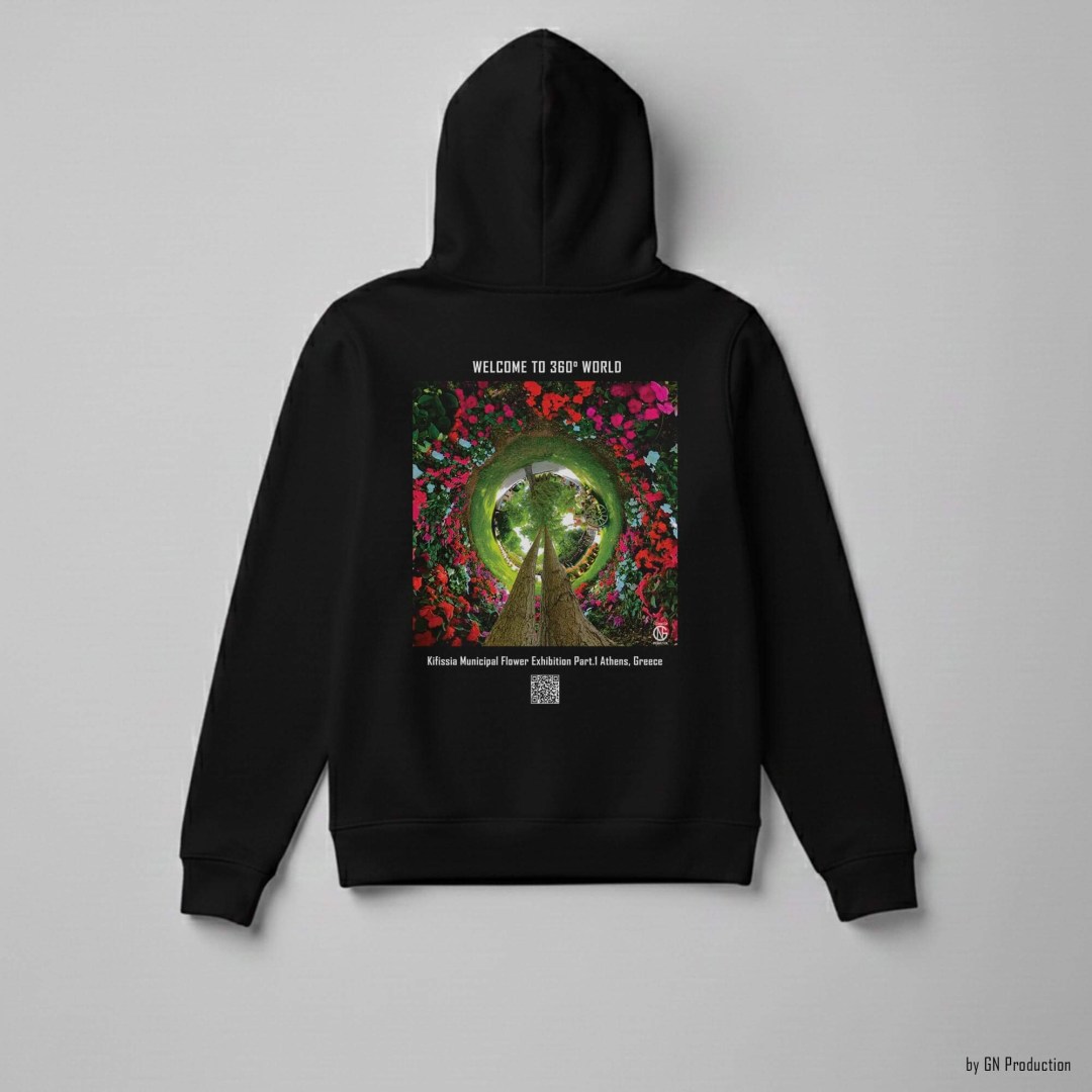 Black 360° floral art hoodie flat lay featuring Kifissia Flower Exhibition inverted tiny-planet 360° design (Eros Part I), saturated blossoms and green center composition, Handmade in Greece.
