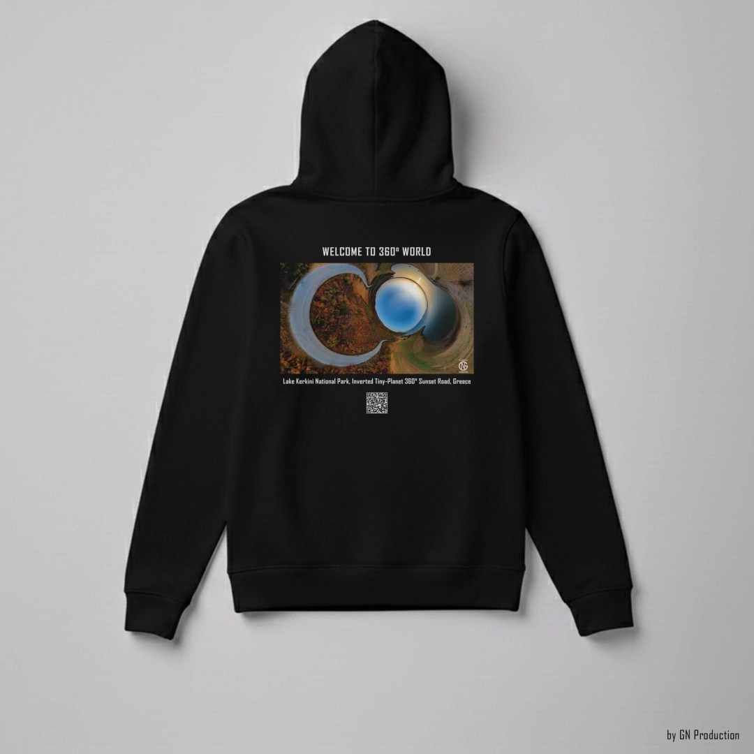 Black art hoodie featuring Lake Kerkini National Park inverted tiny-planet 360° sunset road artwork.
