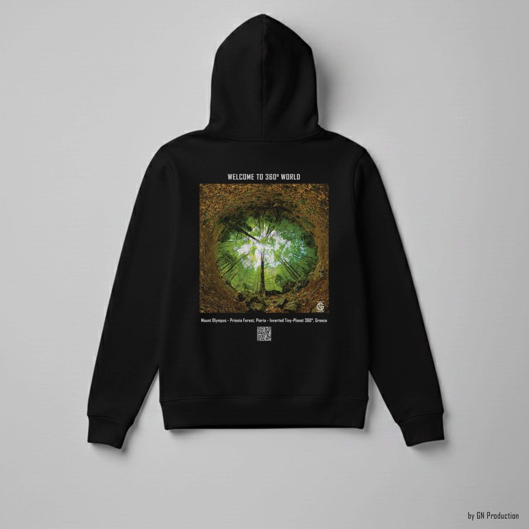 Black art hoodie featuring Mount Olympus Prionia Forest inverted tiny-planet 360° artwork, handmade in Greece.