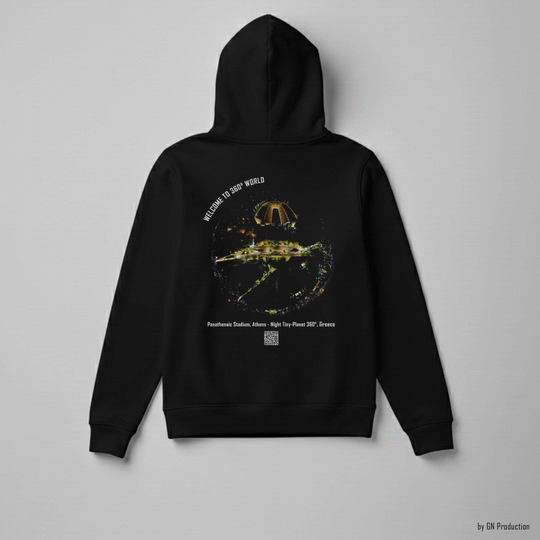 Black 360° art hoodie featuring Panathenaic Stadium Athens night tiny-planet 360° drone artwork, handmade in Greece.
