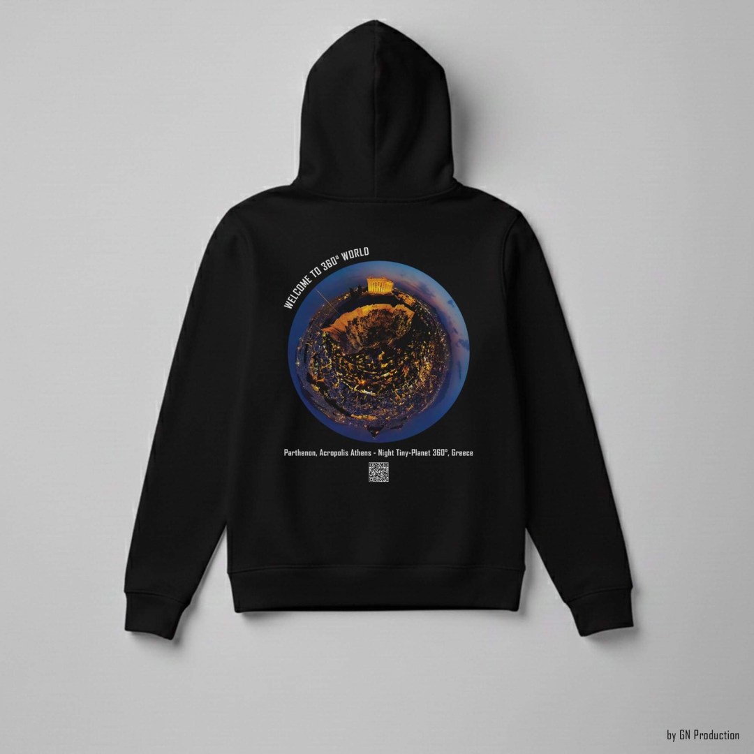 Black art hoodie featuring Parthenon Acropolis Athens night tiny-planet 360° artwork.