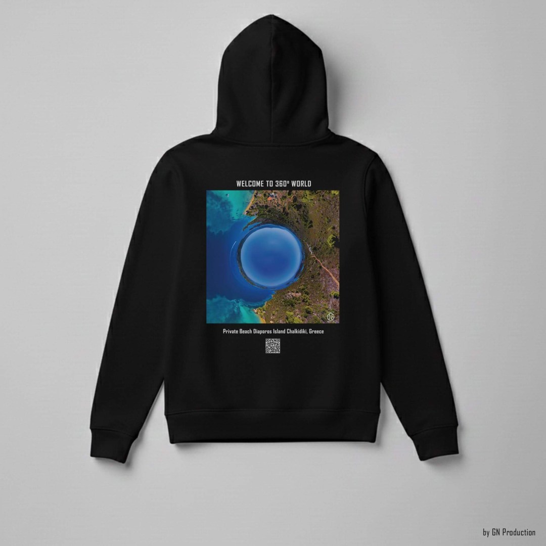 Black GN Production hoodie laid flat, back side visible with Private Beach, Diaporos Island inverted tiny-planet 360° print, turquoise waters and pine-framed cove.