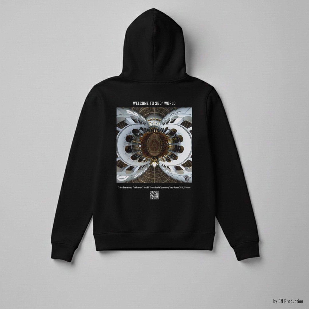 Black 360° art hoodie featuring Saint Demetrius Church in Thessaloniki, Symmetry Tiny-Planet 360° architectural artwork. Handmade in Greece.