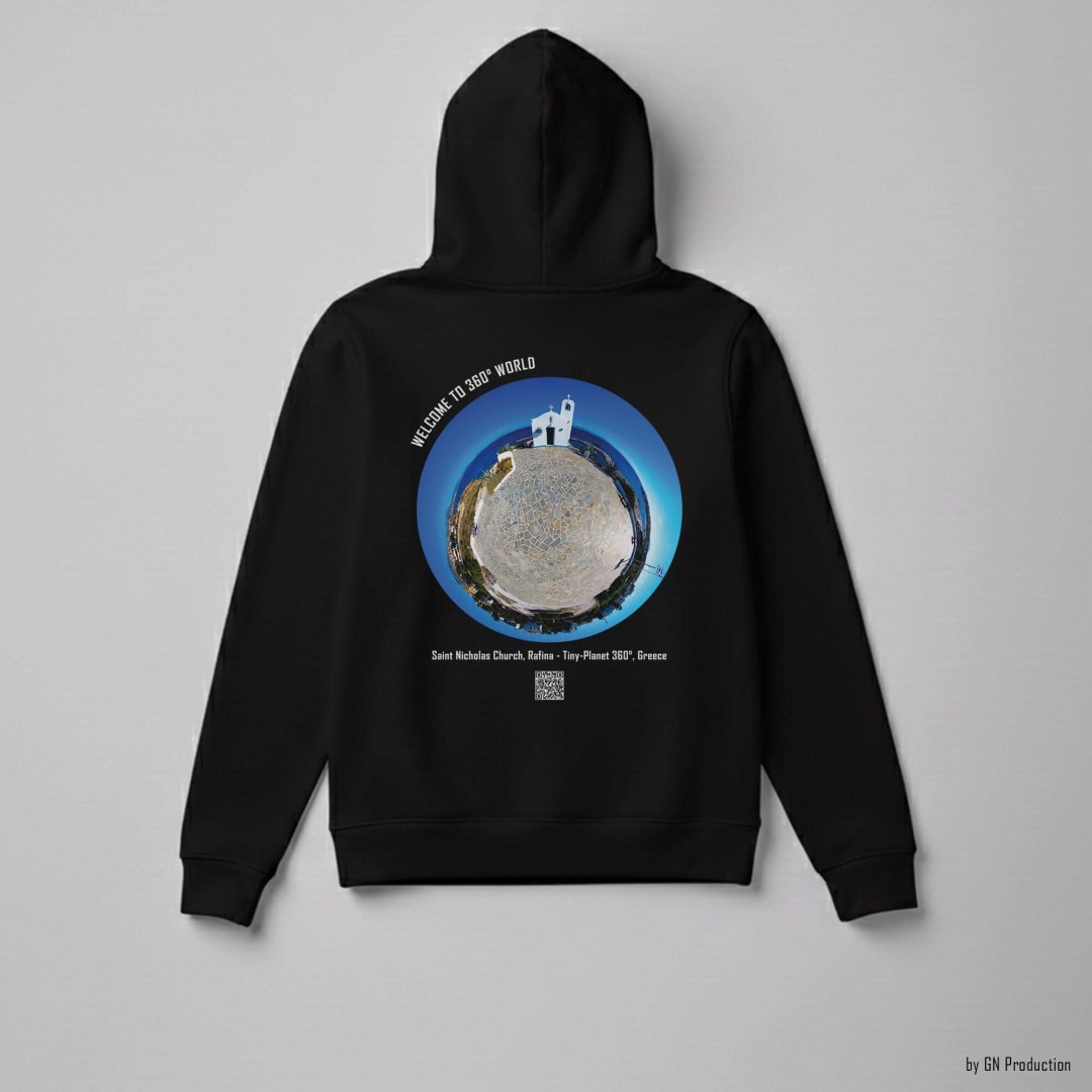 Saint Nicholas Church Rafina tiny-planet 360° artwork printed on black art hoodie – handmade in Greece.