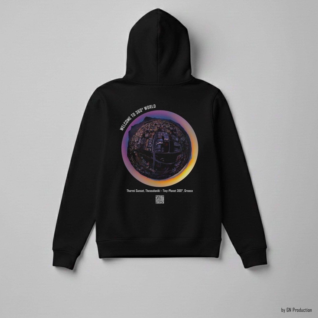 Black 360° Art Hoodie featuring Thermi Sunset Thessaloniki tiny-planet 360° design on back, Greek sunset drone photography artwork.