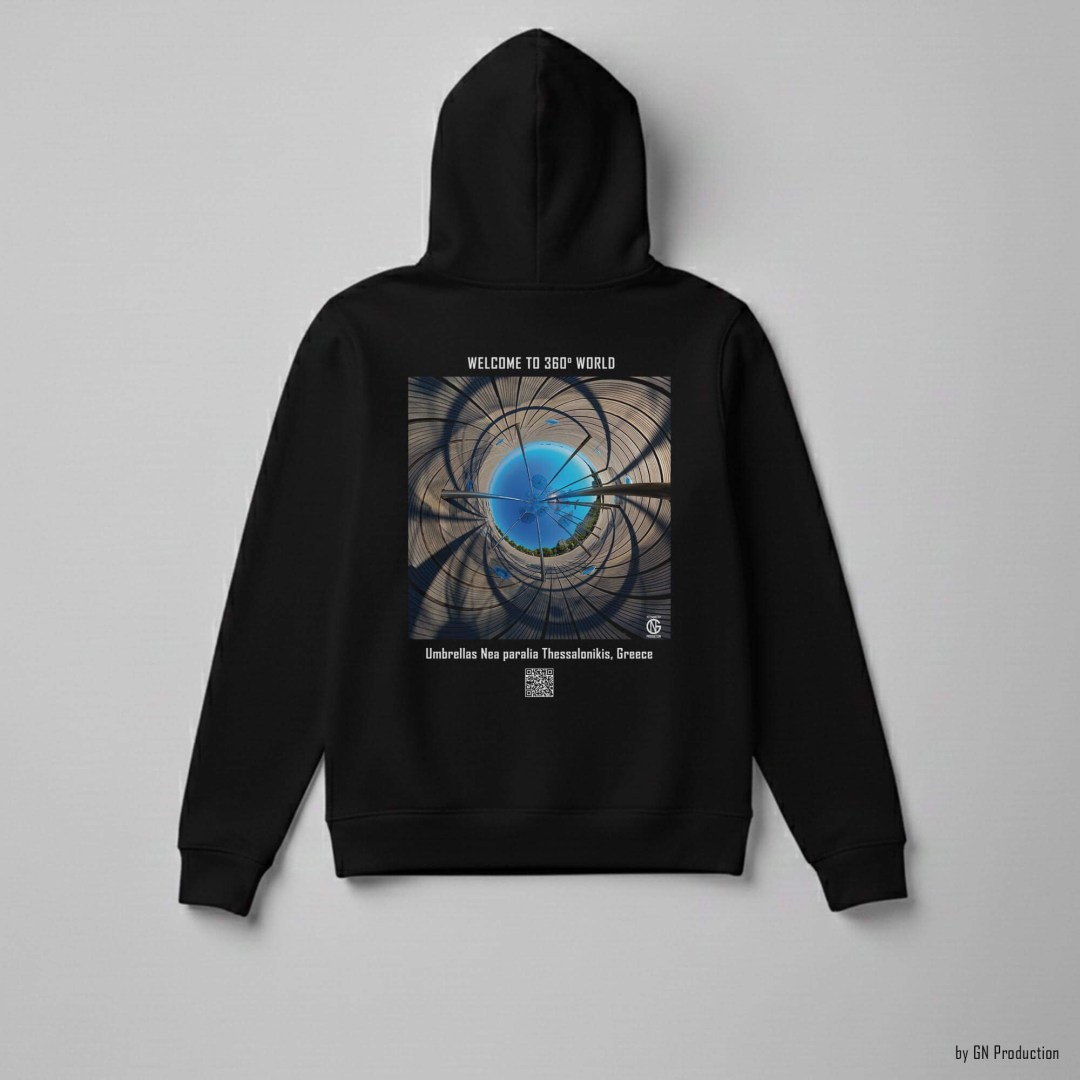 Black hoodie with inverted tiny-planet 360° Umbrellas artwork by Zongolopoulos, Thessaloniki waterfront – GN Production.