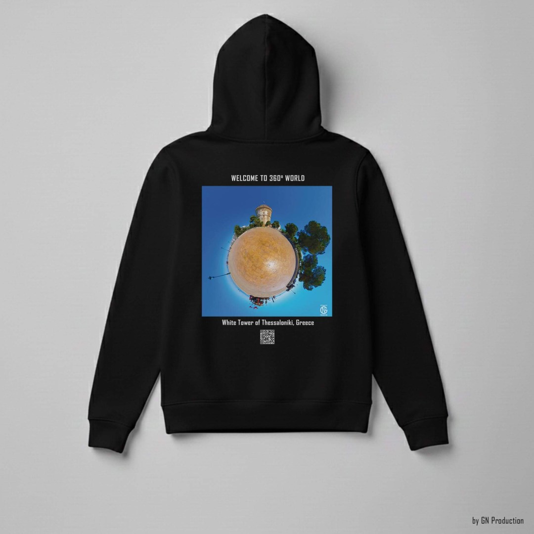 Black 360° art hoodie featuring White Tower Thessaloniki tiny-planet 360° drone artwork, Greece.
