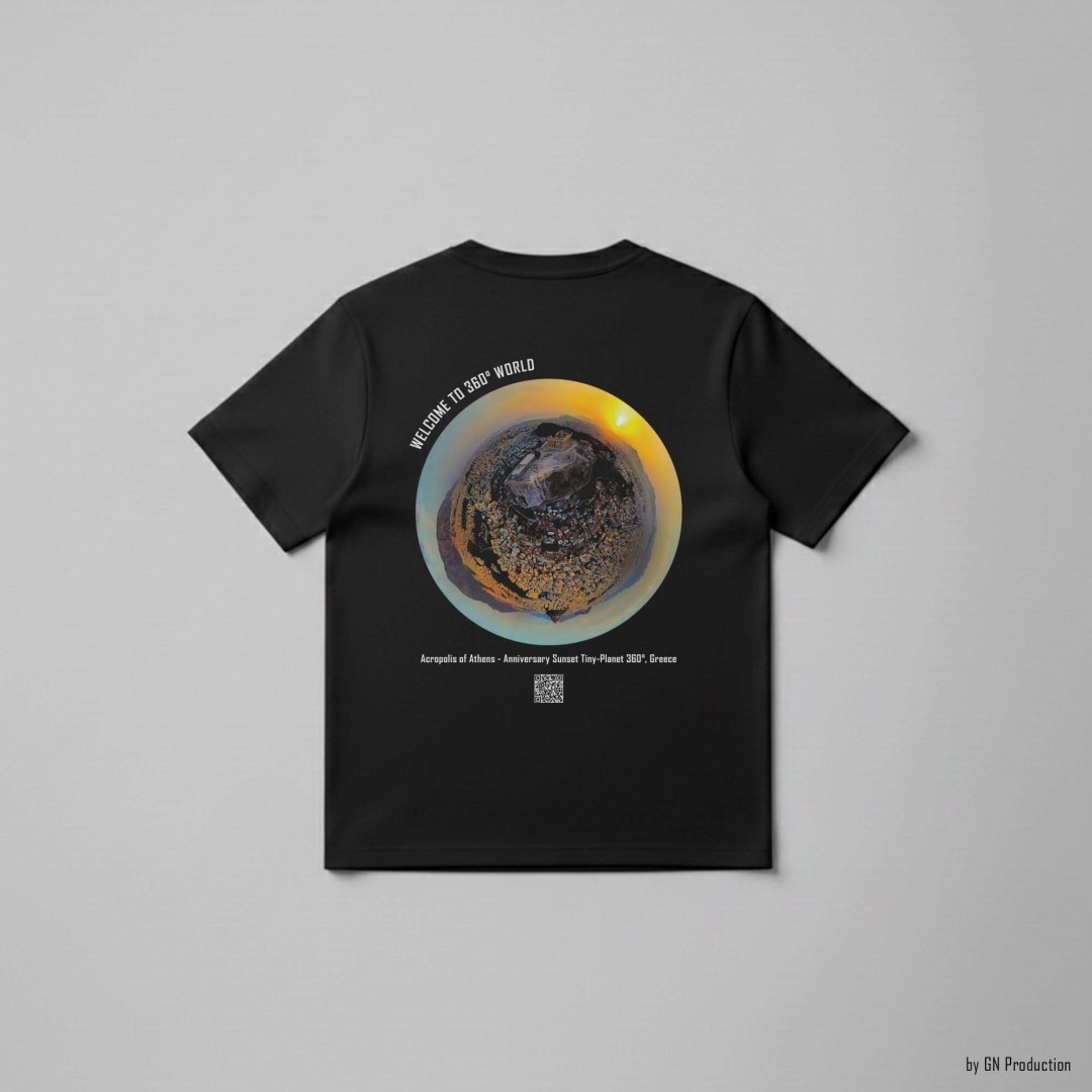 Black art t-shirt featuring Acropolis of Athens anniversary sunset tiny-planet 360° artwork, back view, Greece