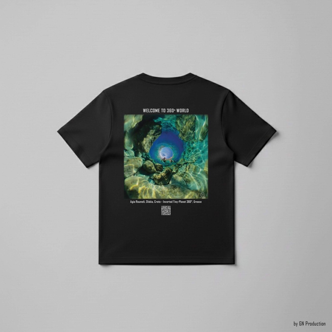 Black art T-shirt featuring Agia Roumeli, Sfakia inverted tiny-planet 360° artwork, back view, Crete Greece