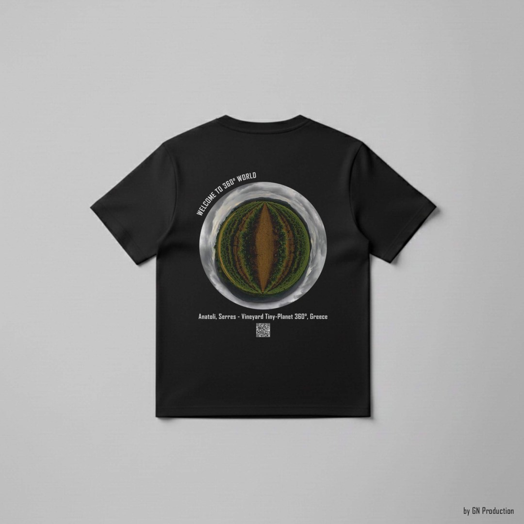 Black art T-shirt with Anatoli, Serres vineyard tiny-planet 360° design, flat lay back view, Greece