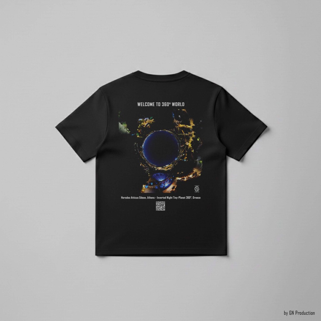 Black art T-shirt featuring inverted night tiny-planet 360° artwork of Herodes Atticus Odeon, Athens.