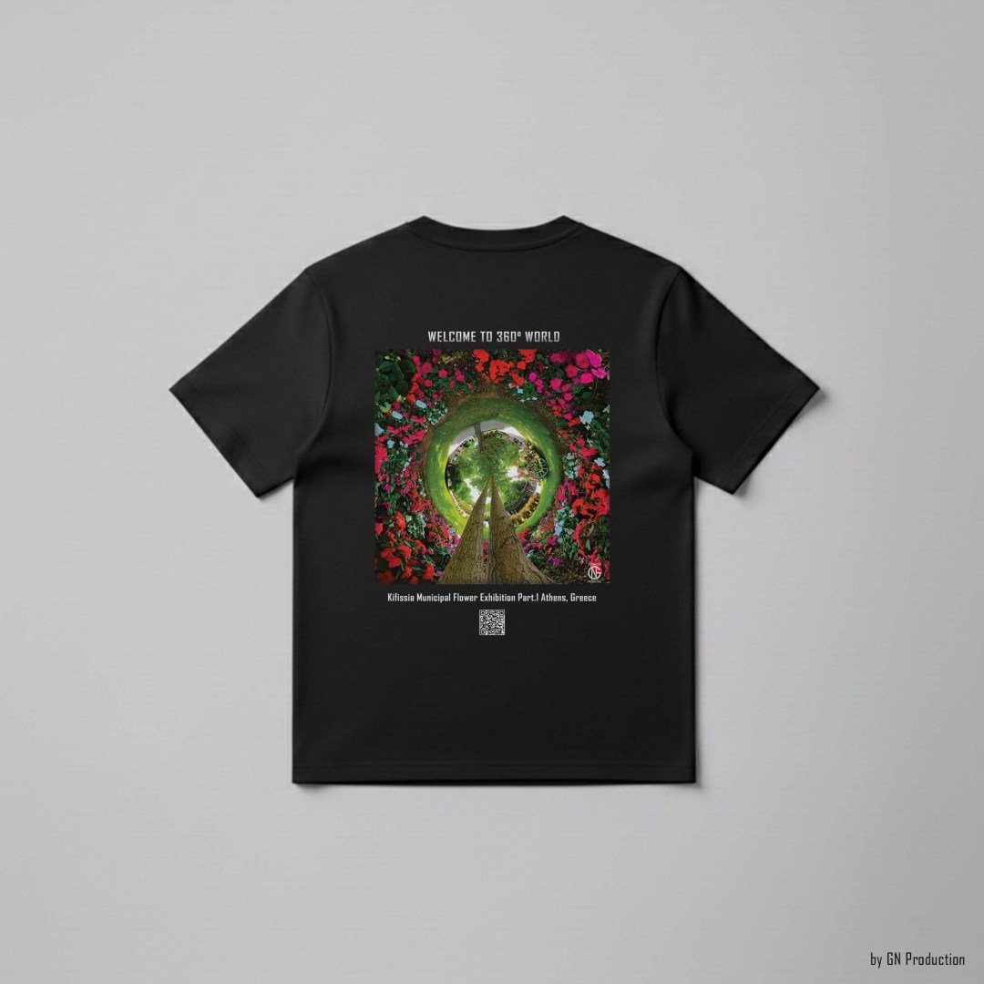 Black art T-shirt featuring a floral inverted tiny-planet 360° artwork from the Kifissia Municipal Flower Exhibition, Athens, with QR code and GN Production signature.