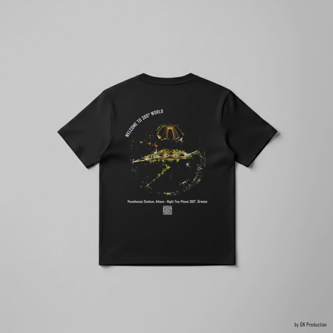 Black art T-shirt featuring Panathenaic Stadium Athens as a night tiny-planet 360° print with city lights and QR code.