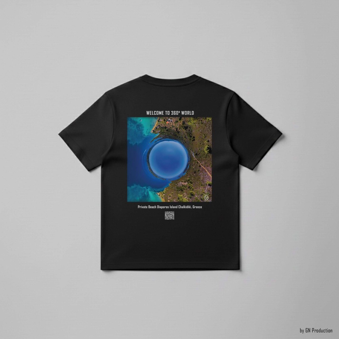 Black art T-shirt with inverted tiny-planet 360° aerial of Private Beach, Diaporos Island, featuring turquoise sea and pine-lined coast, by GN Production.