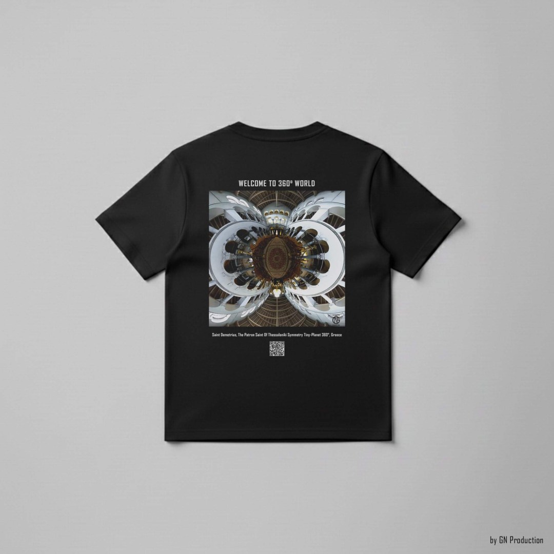 Black art t-shirt with Saint Demetrius of Thessaloniki in a Symmetry Tiny-Planet 360° design, featuring marble colonnades and church interior.