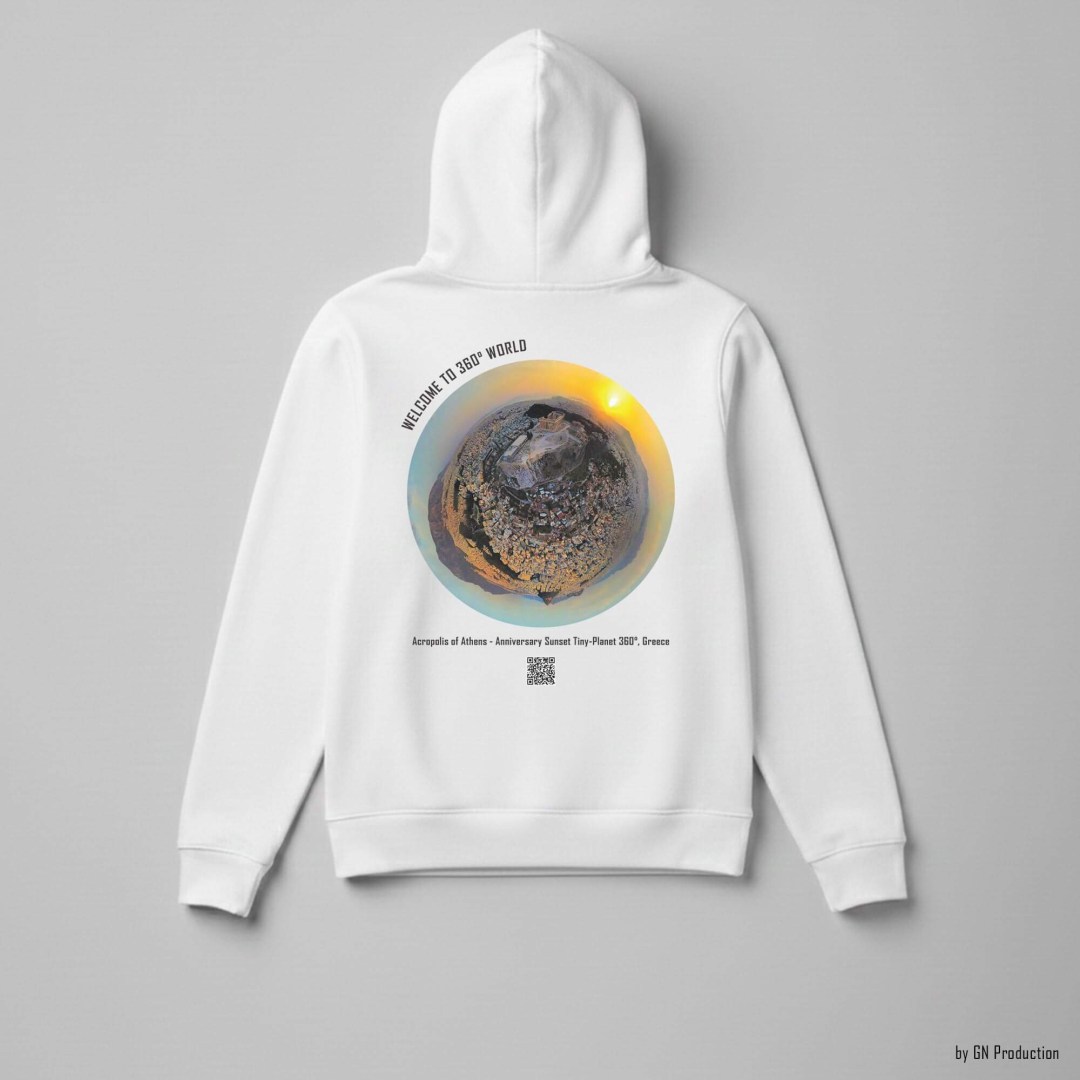 White 360° Art Hoodie featuring Acropolis of Athens Anniversary Tiny-Planet 360° sunset artwork, wearable Greek heritage photography.