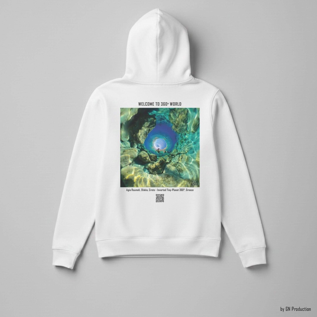 White 360° Art Hoodie displaying Agia Roumeli, Sfakia Crete inverted tiny-planet 360° sea artwork.