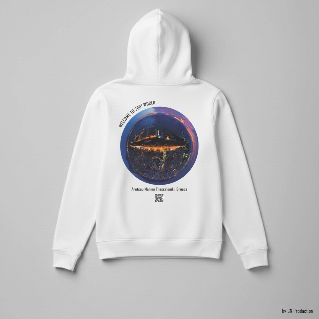 White 360° Art Hoodie showcasing Aretsou Marina night tiny-planet 360° drone shot, warm city lights reflecting across the Thermaic Gulf.
