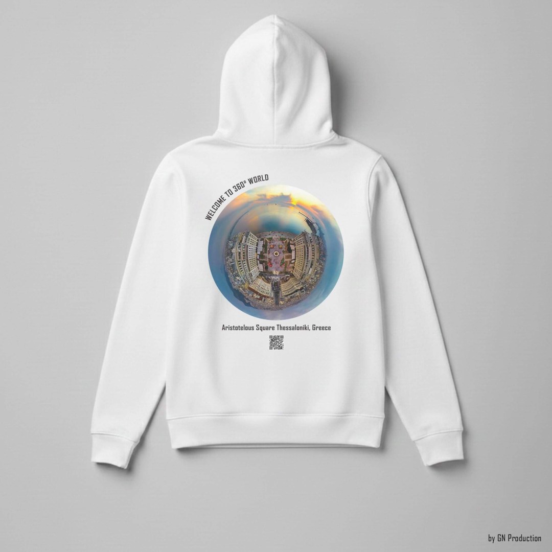 White hoodie laid flat with Aristotelous Square Thessaloniki Christmas Edition golden-hour tiny-planet 360° drone artwork, highlighting holiday lights and city-center symmetry.