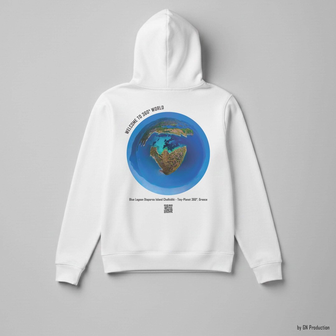 White 360° art hoodie with Blue Lagoon Diaporos Island tiny-planet 360° aerial artwork, Greece.