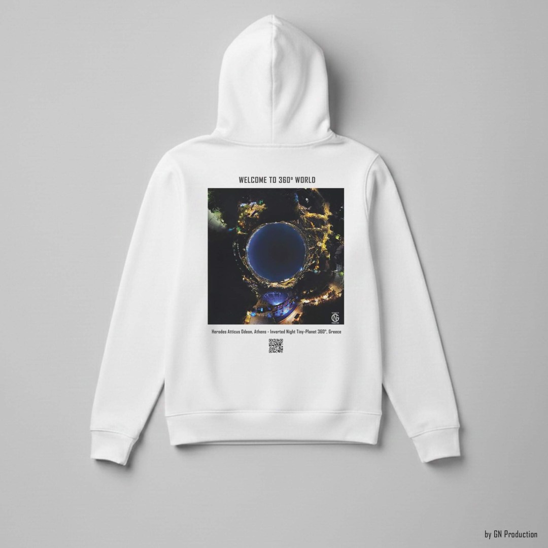 White 360° art hoodie featuring Herodes Atticus Odeon (Herodion) in Athens, inverted night tiny-planet 360° drone artwork. Handmade in Greece.