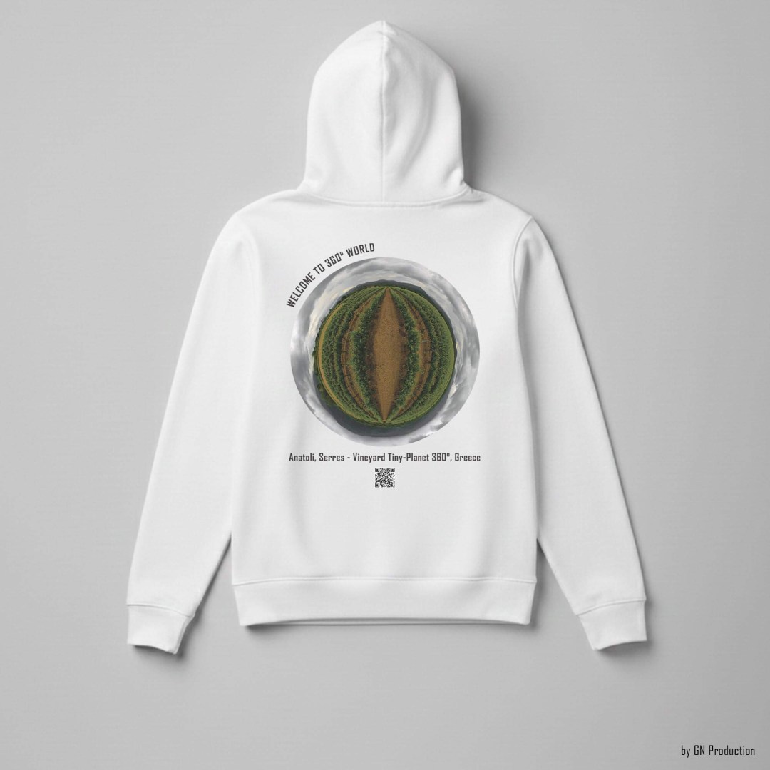 White 360° Art Hoodie displaying Anatoli, Serres vineyard tiny-planet 360° landscape with symmetrical rural field composition.