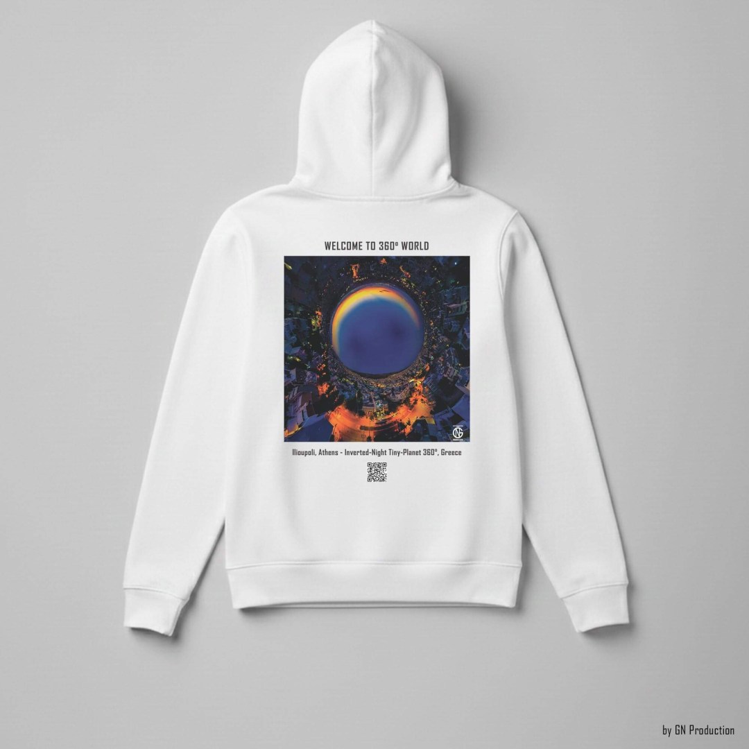 White hoodie flat lay displaying the Ilioupoli, Athens inverted-night tiny-planet 360° artwork, warm amber light ring against a deep navy sky, location caption and QR code beneath.