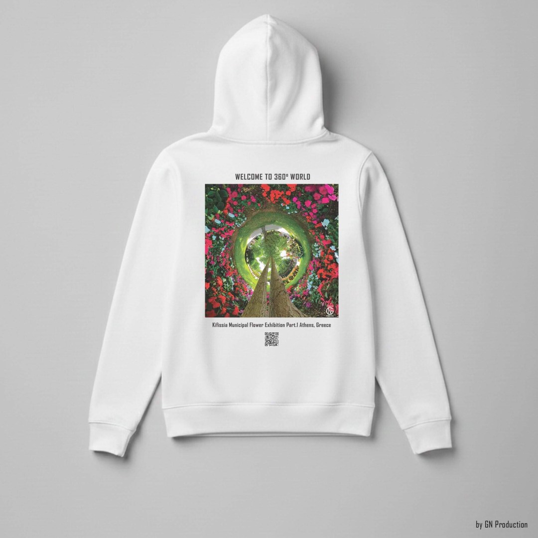 White 360° floral art hoodie flat lay with Kifissia Municipal Flower Exhibition Part I inverted tiny-planet artwork, vibrant circular bloom composition, Handmade in Greece by GN Production.