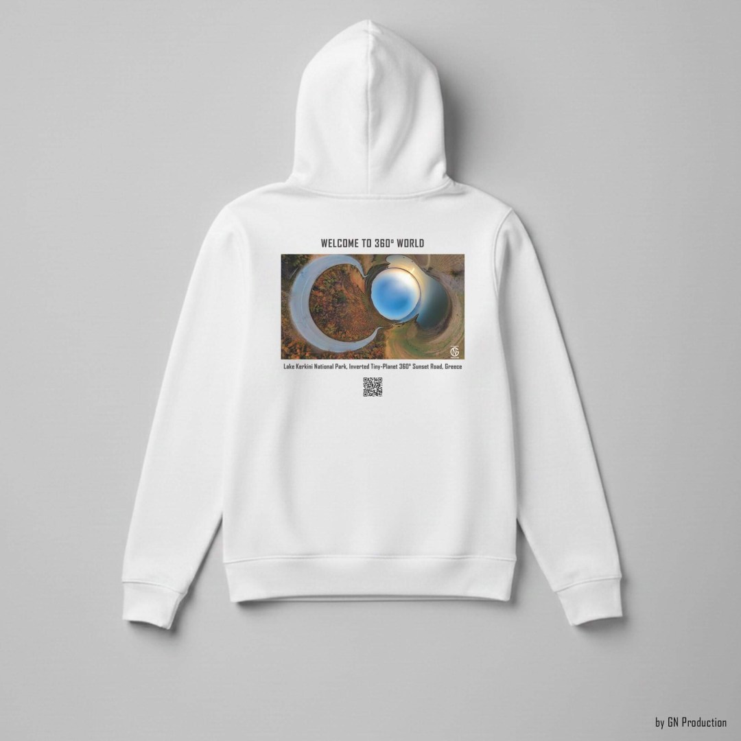White art hoodie with Lake Kerkini National Park inverted tiny-planet 360° sunset road artwork.