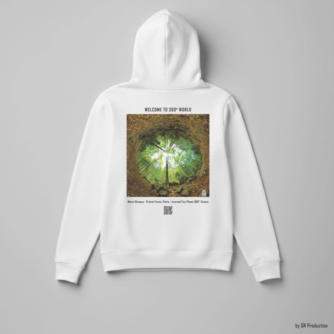 White art hoodie with Mount Olympus Prionia Forest inverted tiny-planet 360° artwork, handmade in Greece.