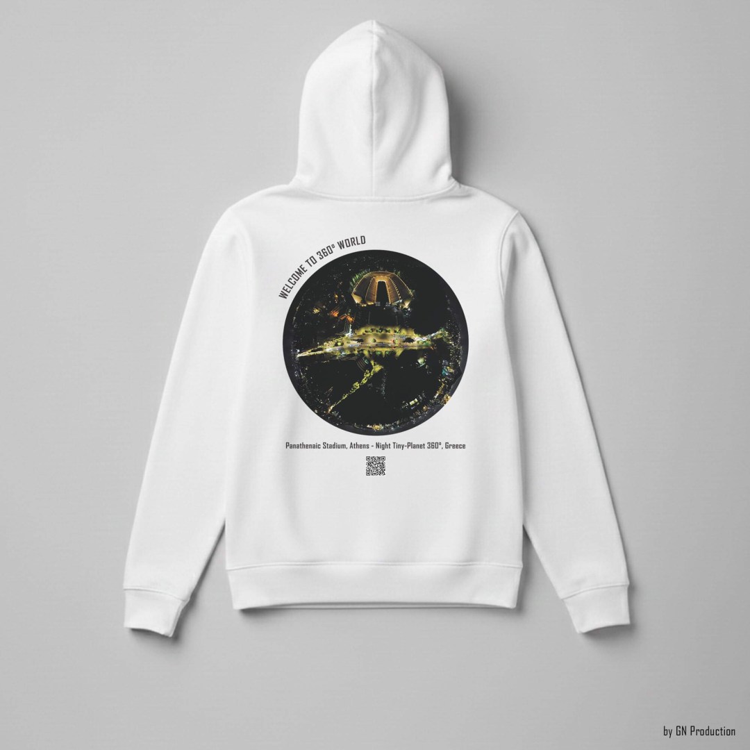 White 360° art hoodie with Panathenaic Stadium Athens night tiny-planet 360° artwork, original drone photography, Greece.