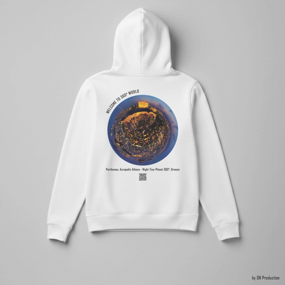 White art hoodie with Parthenon Acropolis Athens night tiny-planet 360° artwork.