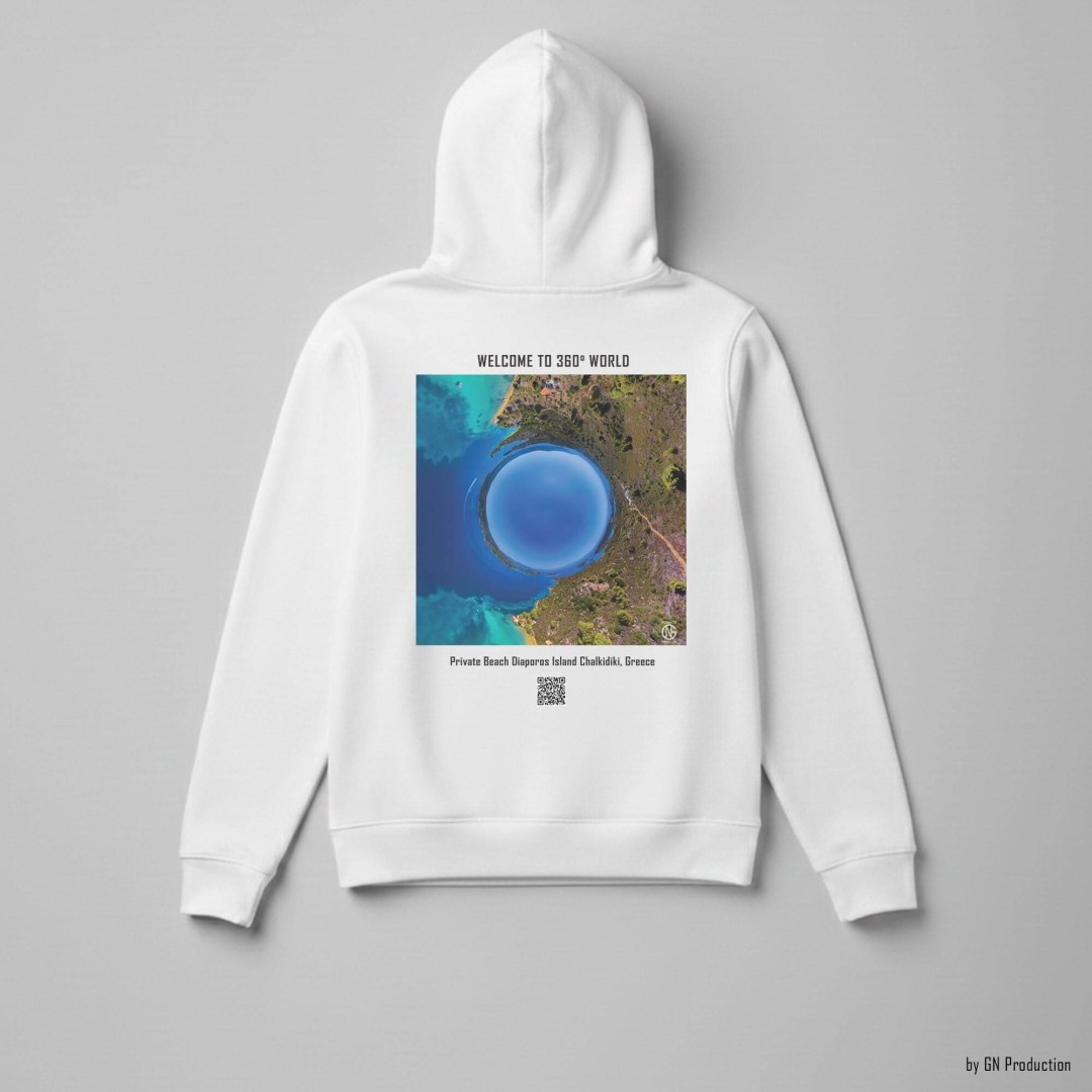 White GN Production hoodie laid flat displaying Private Beach, Diaporos Island inverted tiny-planet 360° artwork, serene circular bay in vivid turquoise tones.