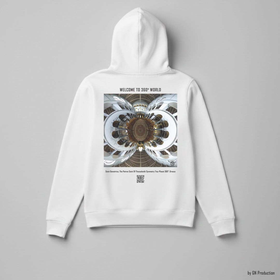 White 360° art hoodie featuring Saint Demetrius Church in Thessaloniki, Symmetry Tiny-Planet 360° architectural artwork. Handmade in Greece.