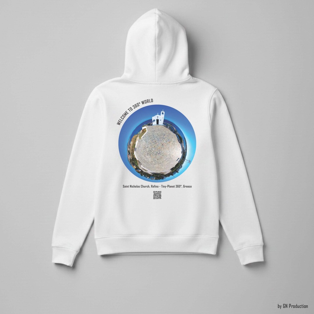 Saint Nicholas Church Rafina tiny-planet 360° artwork on white art hoodie with GN Production design.