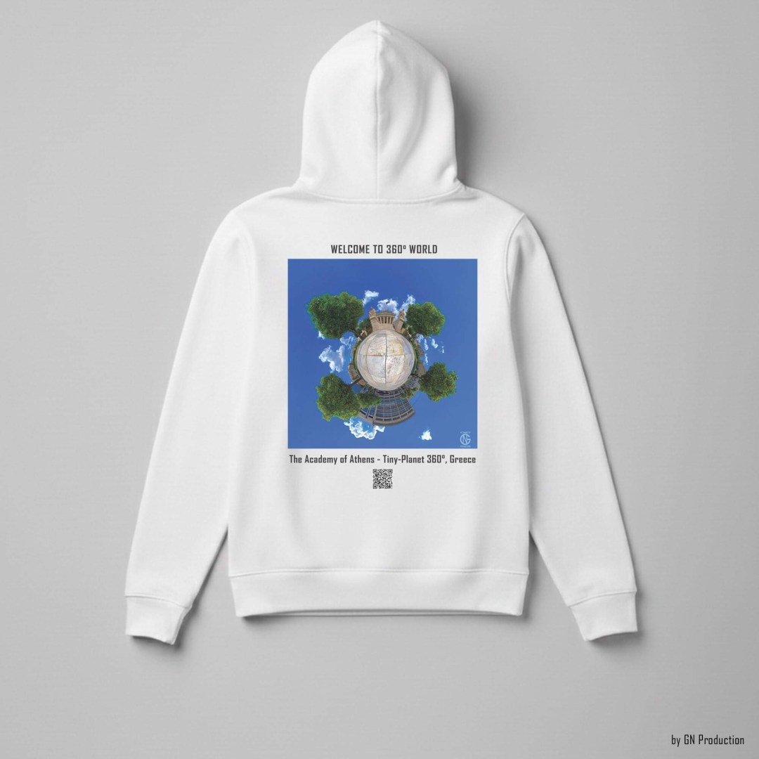 White 360° art hoodie featuring the Academy of Athens on Akadimias Street, Tiny-Planet 360° neoclassical architecture artwork. Handmade in Greece.