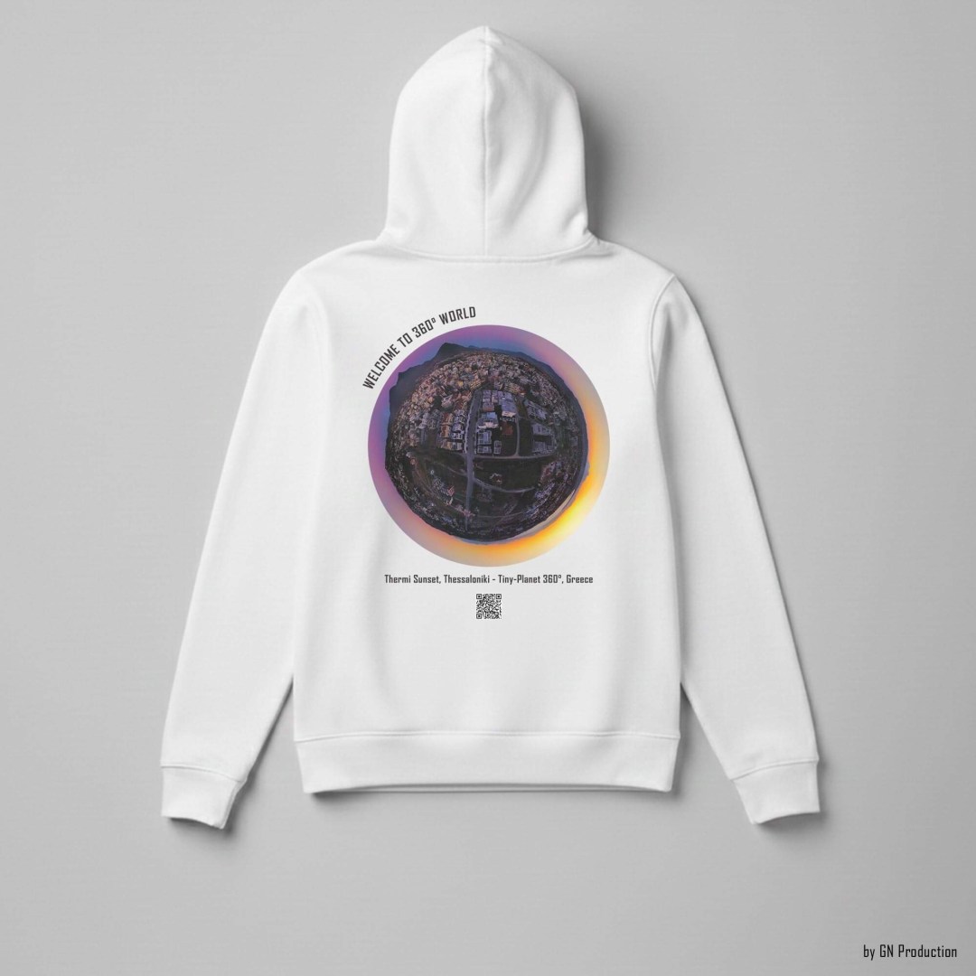 White 360° Art Hoodie with Thermi Sunset Thessaloniki tiny-planet 360° print, wearable Greek landscape photography design.