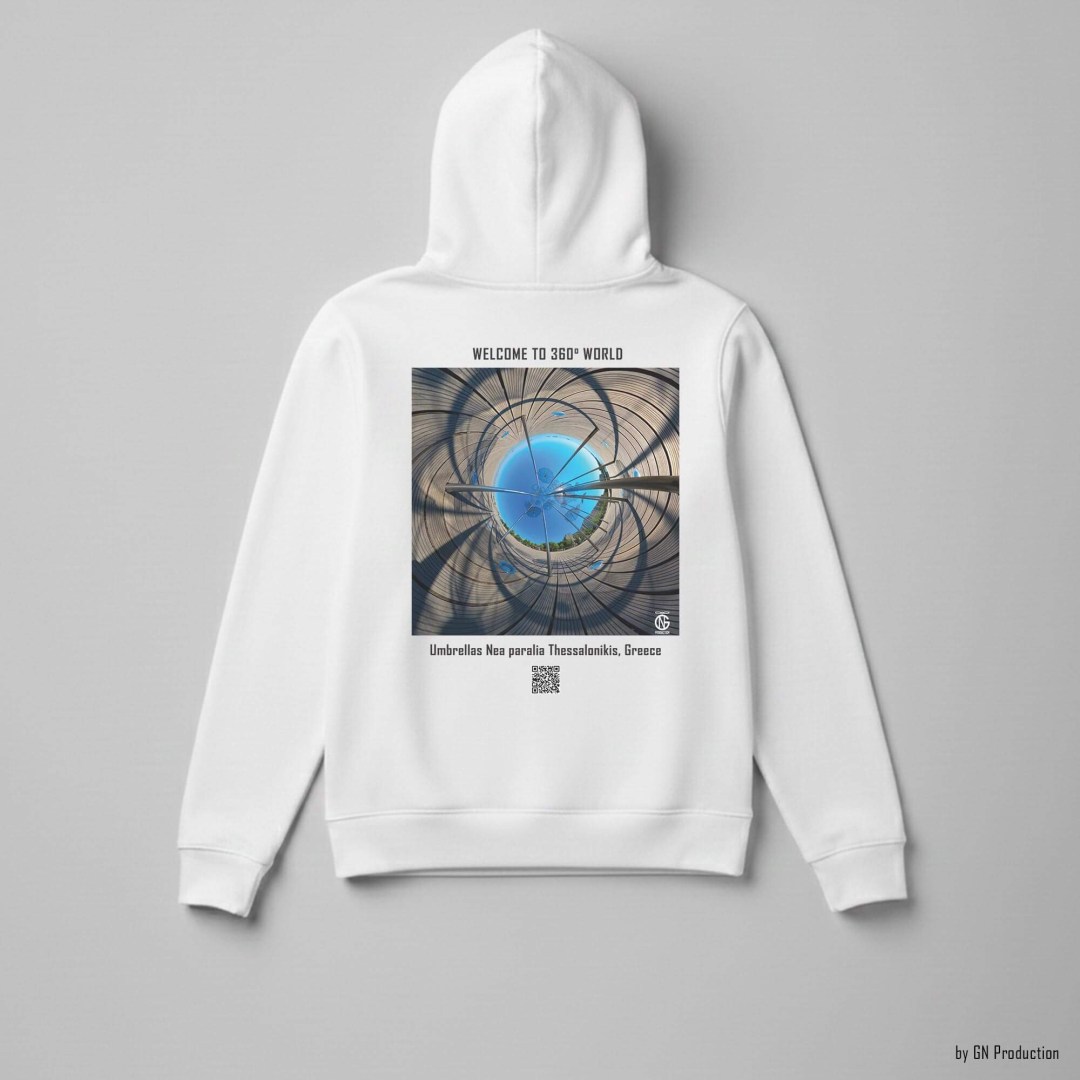 White hoodie with inverted tiny-planet 360° Umbrellas artwork, Thessaloniki seafront sculpture by Zongolopoulos.