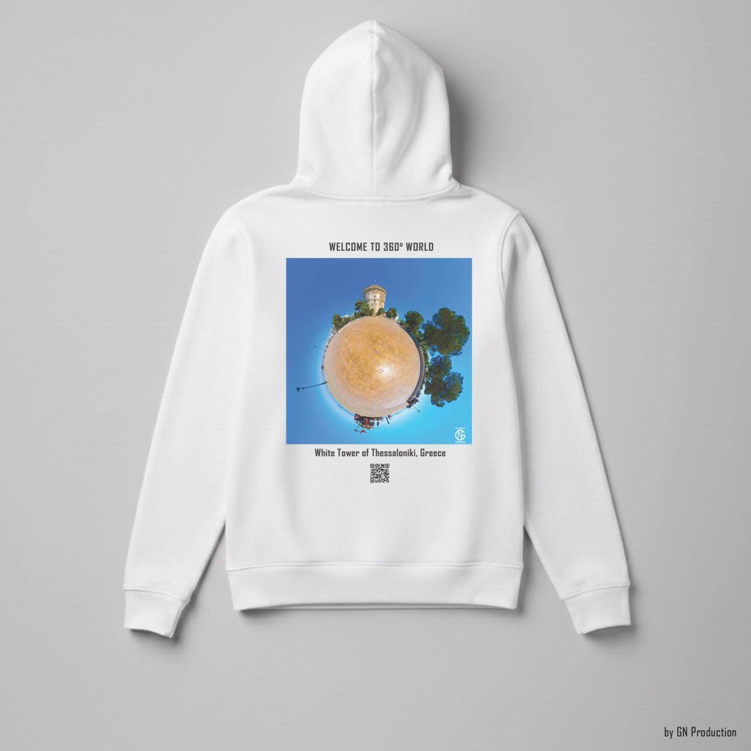 White 360° art hoodie with White Tower of Thessaloniki tiny-planet 360° aerial artwork, Greece.