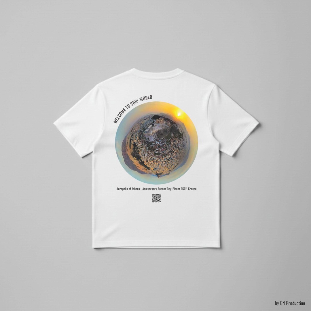 White art t-shirt with Acropolis of Athens anniversary sunset tiny-planet 360° design, back view, Greece