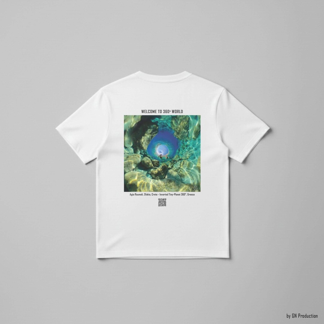 White art T-shirt with Agia Roumeli, Sfakia inverted tiny-planet 360° design, back view, Crete Greece