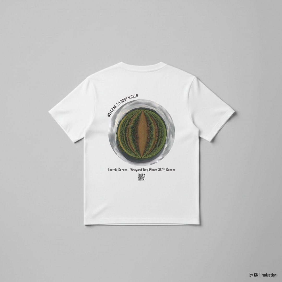 White art T-shirt featuring Anatoli, Serres vineyard tiny-planet 360° artwork, flat lay back view, Greece